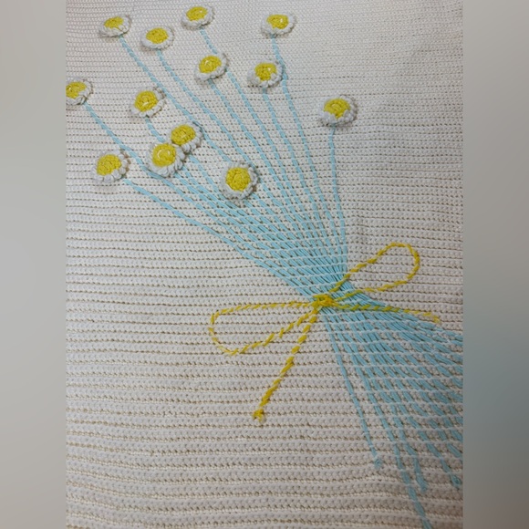 Handmade Other - Handmade 80’s baby blanket / tapestry raised crochet flowers blue yellow white